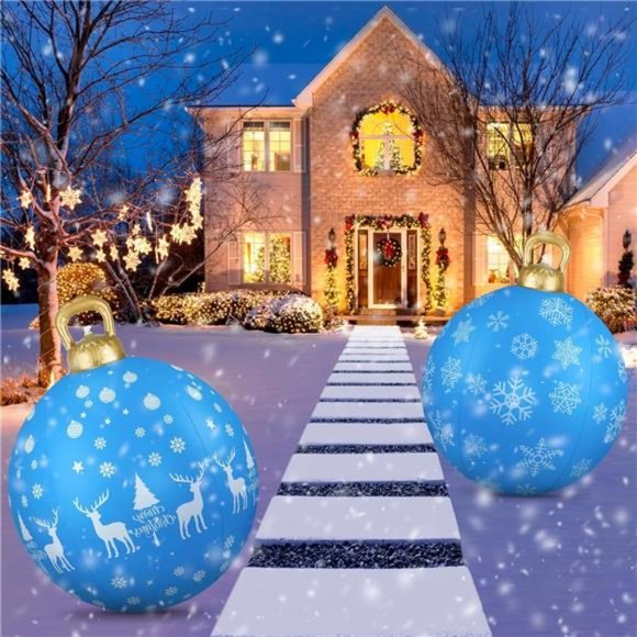 2PCS Inflatable Christmas Ball Decor,24 " Blue Snow Christmas PVC Inflatable - Picture 2 of 6